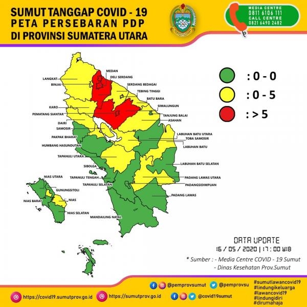 Peta Persebaran PDP di Provinsi Sumatera Utara 16 Mei 2020 
